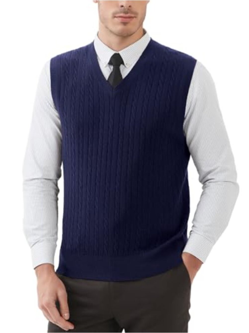 Wool Blend Cable Knit Sweater Vest V-Neck Sleeveless Pullover Men's